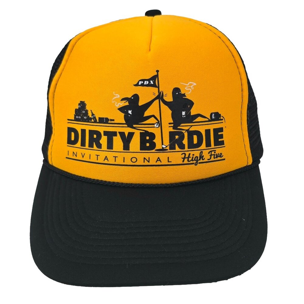 Otto Dirty Birdie Invitational High Five Trucker Hat OSFM Yellow Black Golf PDX